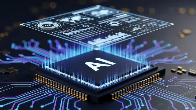 Digital rendering of AI chipset with dynamic electric pulses and holographic interface.