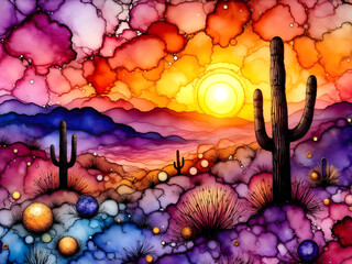 Desert at sunset. Vibrant colors, dramatic sky, alcohol ink splash.