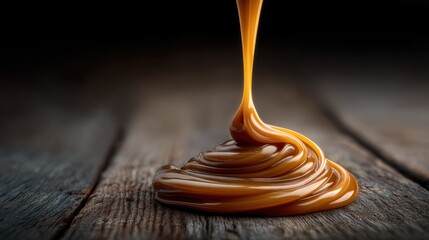 Thick golden caramel sauce pouring in steady stream