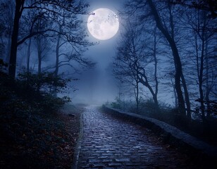 the haunting beauty of a moonlit forest path shrouded in fog