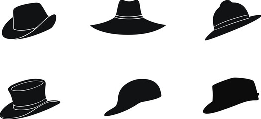 Collection of six different black silhouette hats on a white background