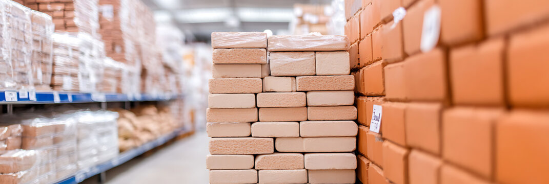 Stacks of building materials at a construction supply store. Various types of bricks and blocks are organized on shelves for easy access.