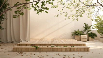 Serene outdoor sanctuary evoking tranquility and peace featuring natural wood platform under the soft filtered sunlight