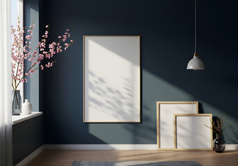 Blank canvas hanging in a quiet sunlit room with navy walls, soft shadows, and blooming branch from a nearby window. Artistic, peaceful mood with minimalist decor
