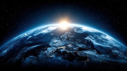 Fototapeta premium The sun rises over Earth, illuminating continents and city lights beneath a star-filled sky, viewed from space