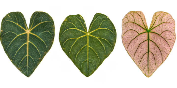 Green pink heart shaped leaves isolated on a transparent background