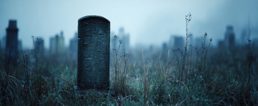 The weathered tombstone standing in a misty graveyard at dawn