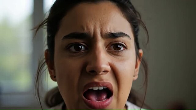 A young woman expresses extreme disgust her face contorted