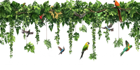 Lush jungle canopy colorful parrots flying isolated on a transparent background