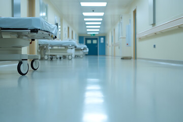 Hospital hallway with gurneys: A bright, clean corridor lined with beds, leading to a blue door at the end. Sterile environment for patient care.