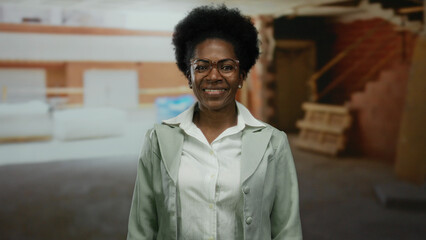 Obraz premium Confident woman smiling at indoor construction site wearing glasses and suit showcasing leadership in industrial environment with blurred background