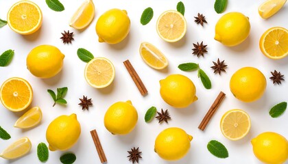 Fresh lemons, mint, and spices on white background