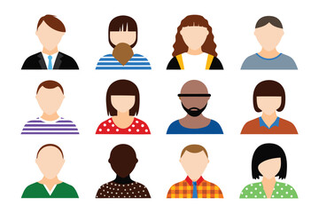 Diverse Avatars: A collection of twelve faceless avatar illustrations, representing different appearances and diverse backgrounds, perfect for profile pictures or user interface design.