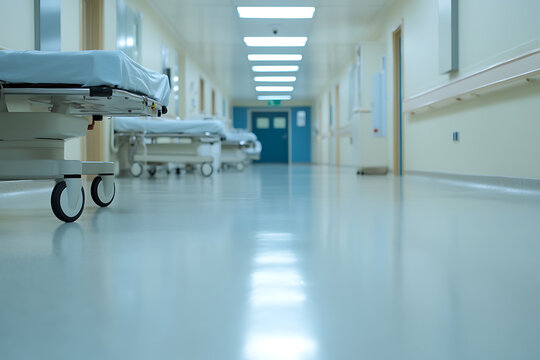 Hospital hallway with gurneys: A bright, clean corridor lined with beds, leading to a blue door at the end. Sterile environment for patient care.