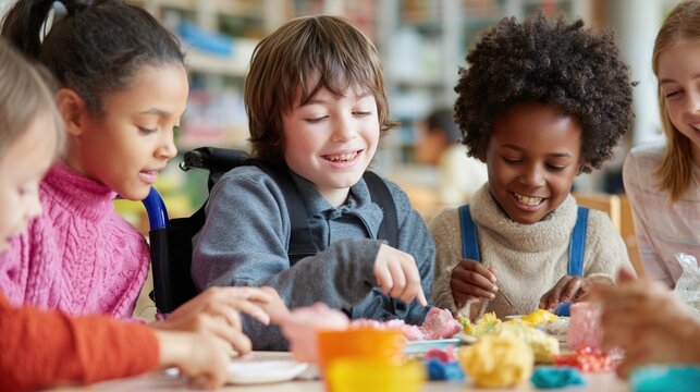 Group of diverse children including a boy in a wheelchair creating colorful artwork together in an inclusive classroom, smiling and engaged in creative activity.