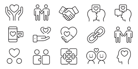 Collection of line art icons representing relationships and emotions heart love