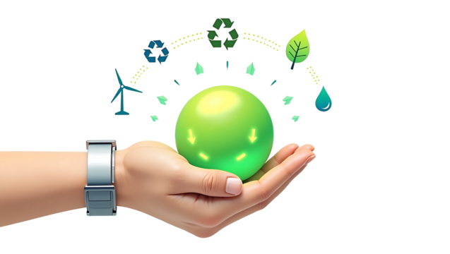 Human hand holding a glowing green sphere with renewable energy symbols and nature icons isolated on transparent background
