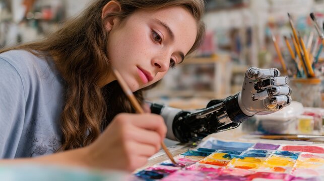 Girl with a robotic arm painting with watercolors at an art studio, concept of inclusion and technology in creative education.