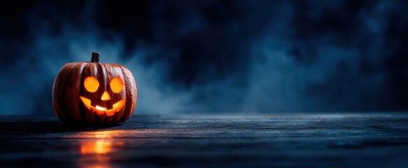 The glowing pumpkin lantern shines brightly in a dark, spooky atmosphere.