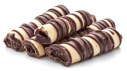 Photo of striped chocolate wafer rolls isolated on a white background.