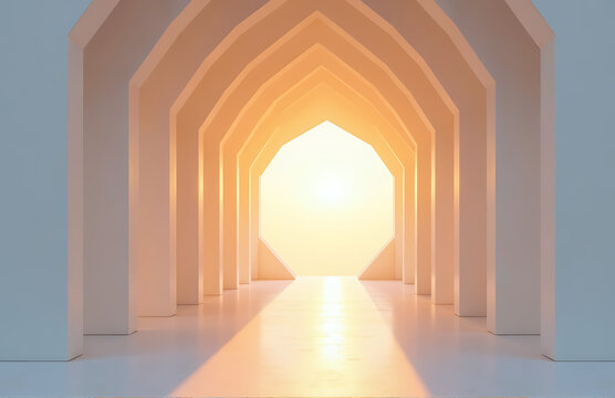golden sunrise light bursts minimalist white geometric structure casting intricate shadows illuminating angular facets
