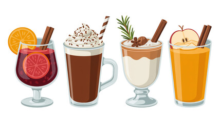 A product photography layout of four winter beverages arranged in a row against a pure white background.l