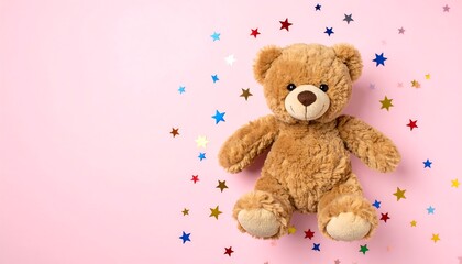 Teddy bear surrounded by colorful confetti on a pink background