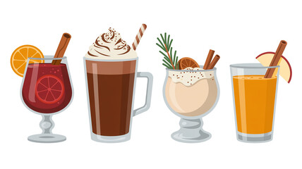 A product photography layout of four winter beverages arranged in a row against a pure white background.l