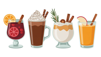 A product photography layout of four winter beverages arranged in a row against a pure white background.l