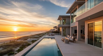 Obraz premium Old town architecture under a blue sky at sunset, with a tree-lined street leading to village homes
