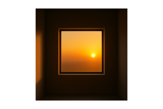 Golden sunset through geometric window — minimal warm light and calm mood