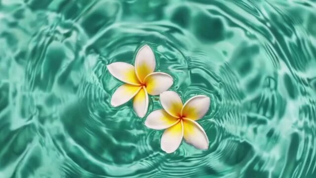 Tropical Plumeria Frangipani white yellow flowers floating in a clear transparent blue water.
Spa,wellness,harmony, peace and tranquility concept.Top view,4K video