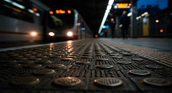 A Train Arrives at a Wet Station Platform at Dusk