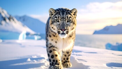 Fototapeta premium Snow leopard in snowy landscape