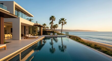 Tropical luxury resort with illuminated pool by the sea at sunset, perfect for a summer island vacation