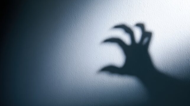 Creepy shadow of a clawed hand on textured wall with dramatic lighting creating horror atmosphere perfect for Halloween designs, scary stories and thriller visuals