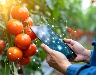 Hands holding tablet with data overlay over tomatoes