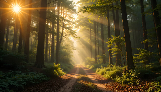 A peaceful forest trail winding through lush green ferns and tall trees - Powered by Adobe