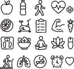 Healthy Lifestyle Icons Set – Fitness, Diet, Wellness, Exercise, Yoga, Heart Health, No Smoking