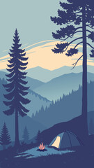 First Light of Dawn Across Endless Landscape with Camping Tent, Pine Trees, and Blue Mountains