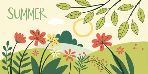 Summer vector background with flowers and trees. 