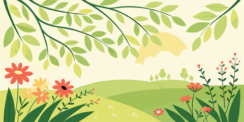 Summer vector background with flowers and trees. 