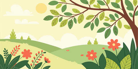 Summer vector background with flowers and trees. 