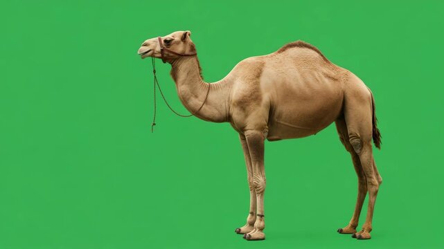 Camel in front of Green Screen: A majestic camel, known for its humps and desert survival skills, stands confidently against a vibrant green screen background.