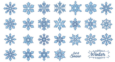 Set of 15 Unique Snowflake Icons in Flat Style on White Background
