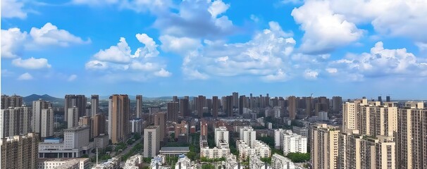 Fototapeta premium City Panorama Landscape, Modern Architecture Complex Under Blue Sky and Clouds