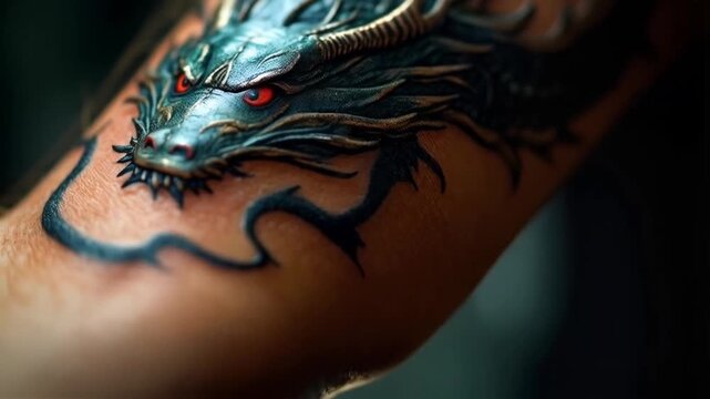 Detailed dragon hand tattoo close-up, fierce and intricate black ink design on skin with copy space