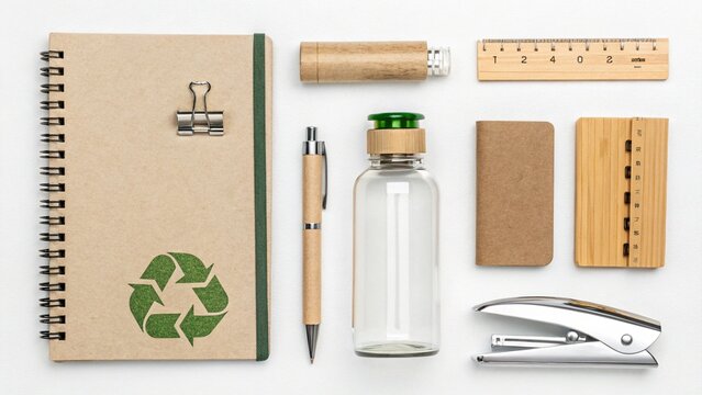 Flat Lay of Eco-Friendly Office Supplies - Pen Notebook and Stepler 