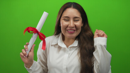 Hispanic woman smiles and holds diploma scroll while pumping fist in bright green studio;...