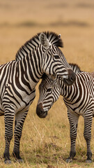 Fototapeta premium Two zebras nuzzling in a grassy savanna. Vertical close up of two african animals showing affection in their natural habitat.
